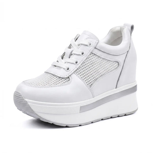 Breza 11cm height increasing breathable leather sneakers for women - Lucimora