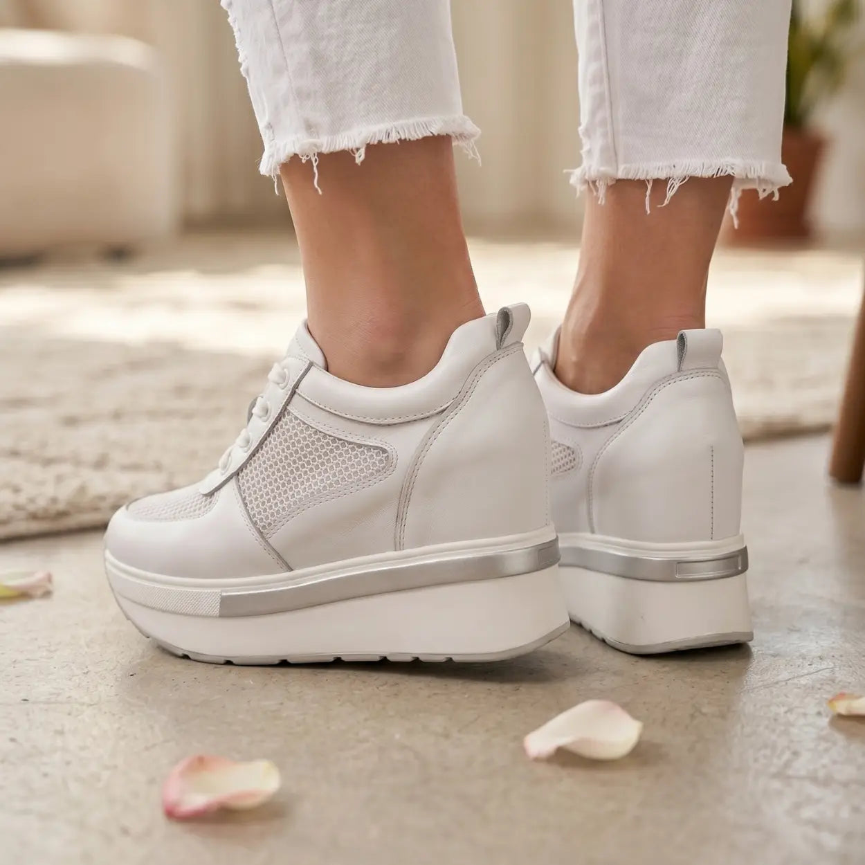 Breza 11cm height increasing breathable leather sneakers for women - Lucimora