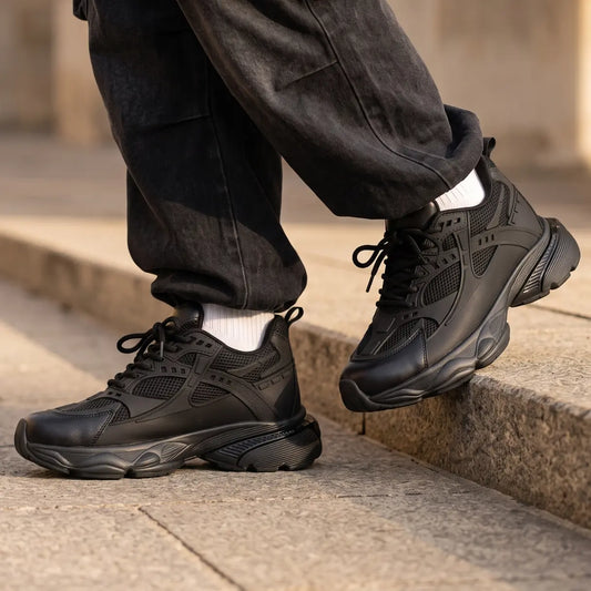 Men's Height Increasing Running Black Sneakers | Obsidian Elevator Mesh Shoes | Lucimora