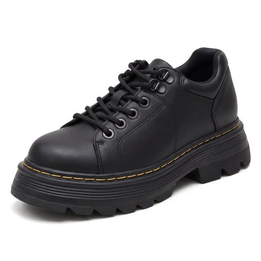 Blair Women’s 9cm Elevator Platform Lace-Up Shoes | Chunky Lug Sole Cowhide Leather Height Increasing Shoes | Lucimora - black