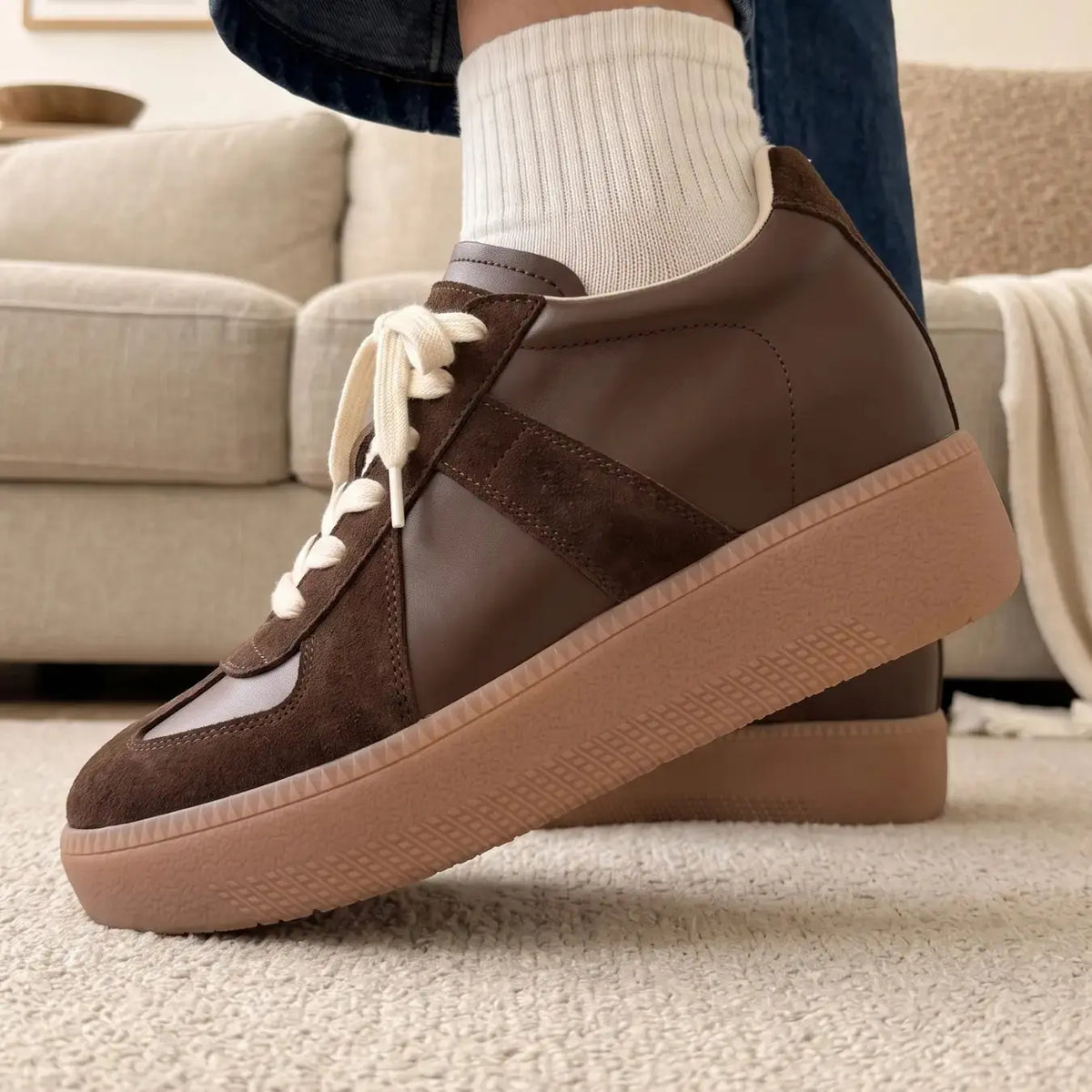 Corvane Women’s 9cm Elevator Platform Sneakers | Cowhide Leather Height Increasing Shoes | Lucimora - brown