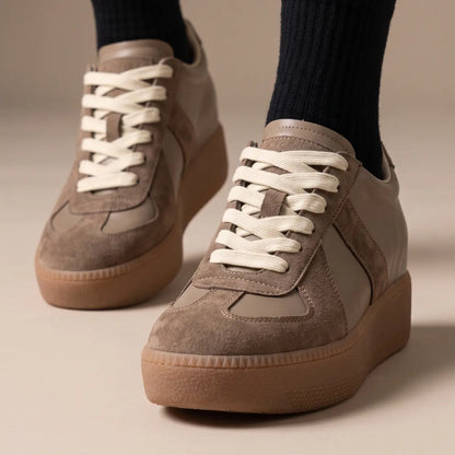 Corvane Women’s 9cm Elevator Platform Sneakers | Cowhide Leather Height Increasing Shoes | Lucimora - coffee