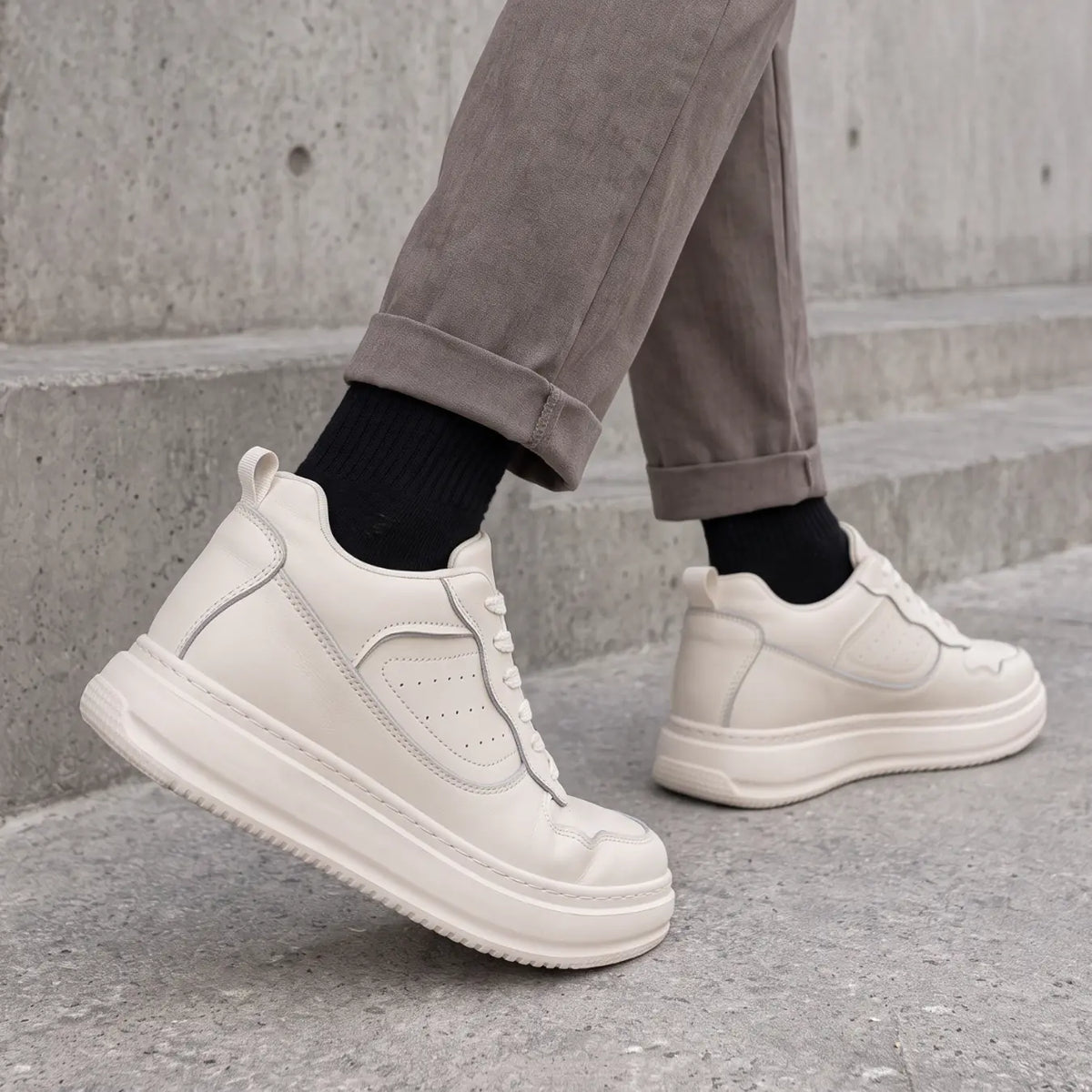Valtier Men’s 8cm Elevator Sneakers | Chunky Platform Low-Top Cowhide Leather Height Increasing Shoes | Lucimora - off-white