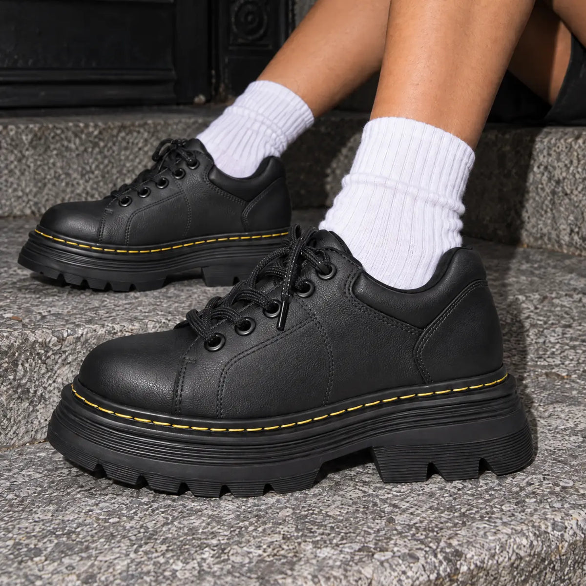 Blair Women’s 9cm Elevator Platform Lace-Up Shoes | Chunky Lug Sole Cowhide Leather Height Increasing Shoes | Lucimora - black
