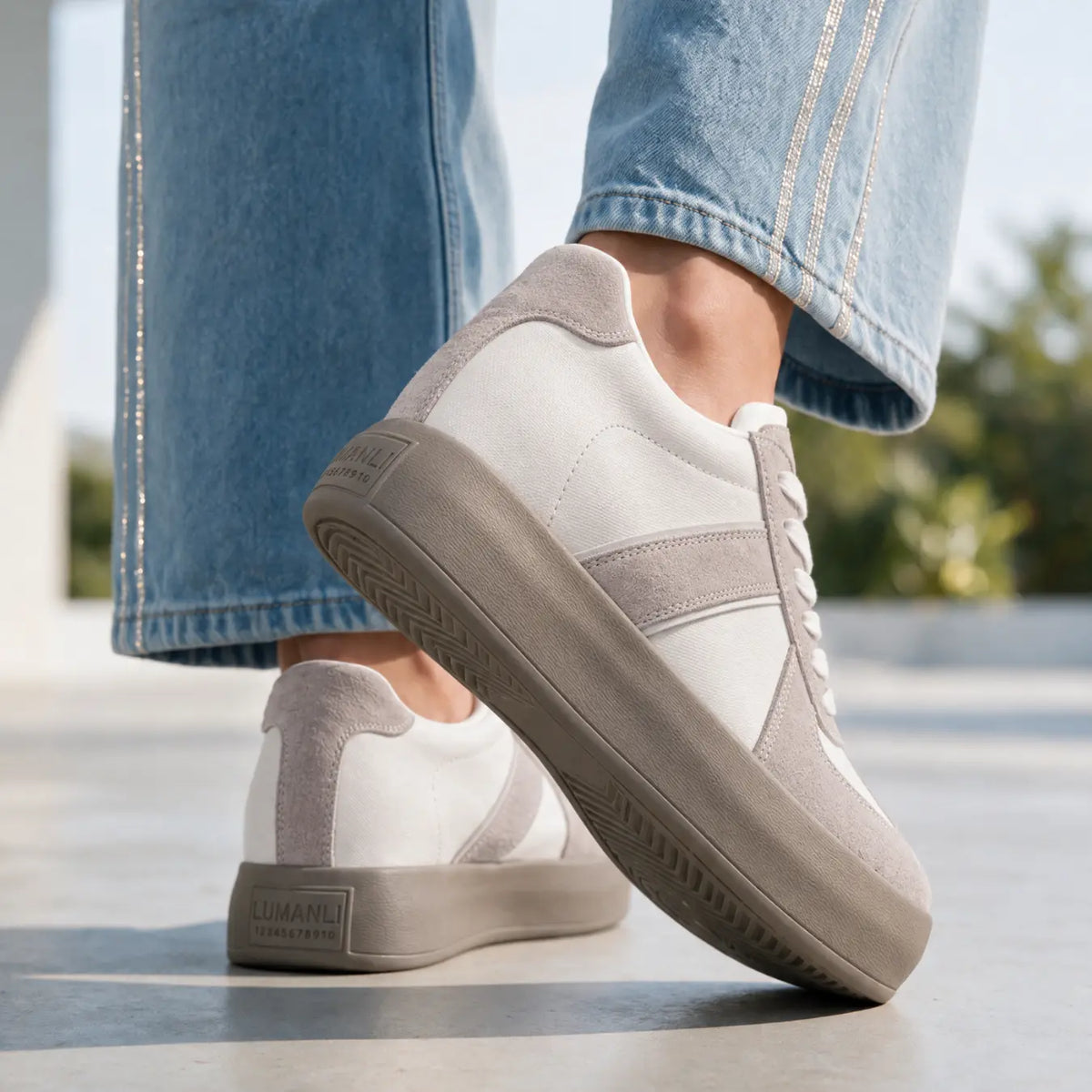 Adrienne Women’s 8cm Elevator Sneakers | Retro-Inspired Suede & Woven Textile Height Increasing Shoes | Lucimora -