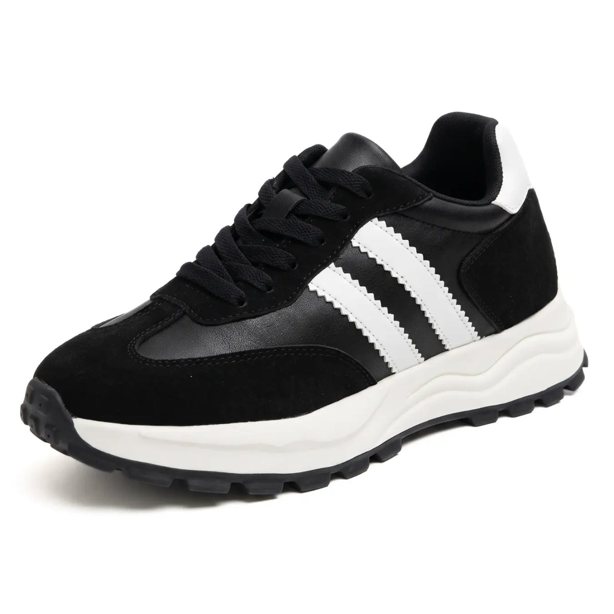 Anders Men’s 9cm Elevator Sneakers | Retro Chunky Striped Cowhide Leather Height Increasing Shoes | Lucimora - black