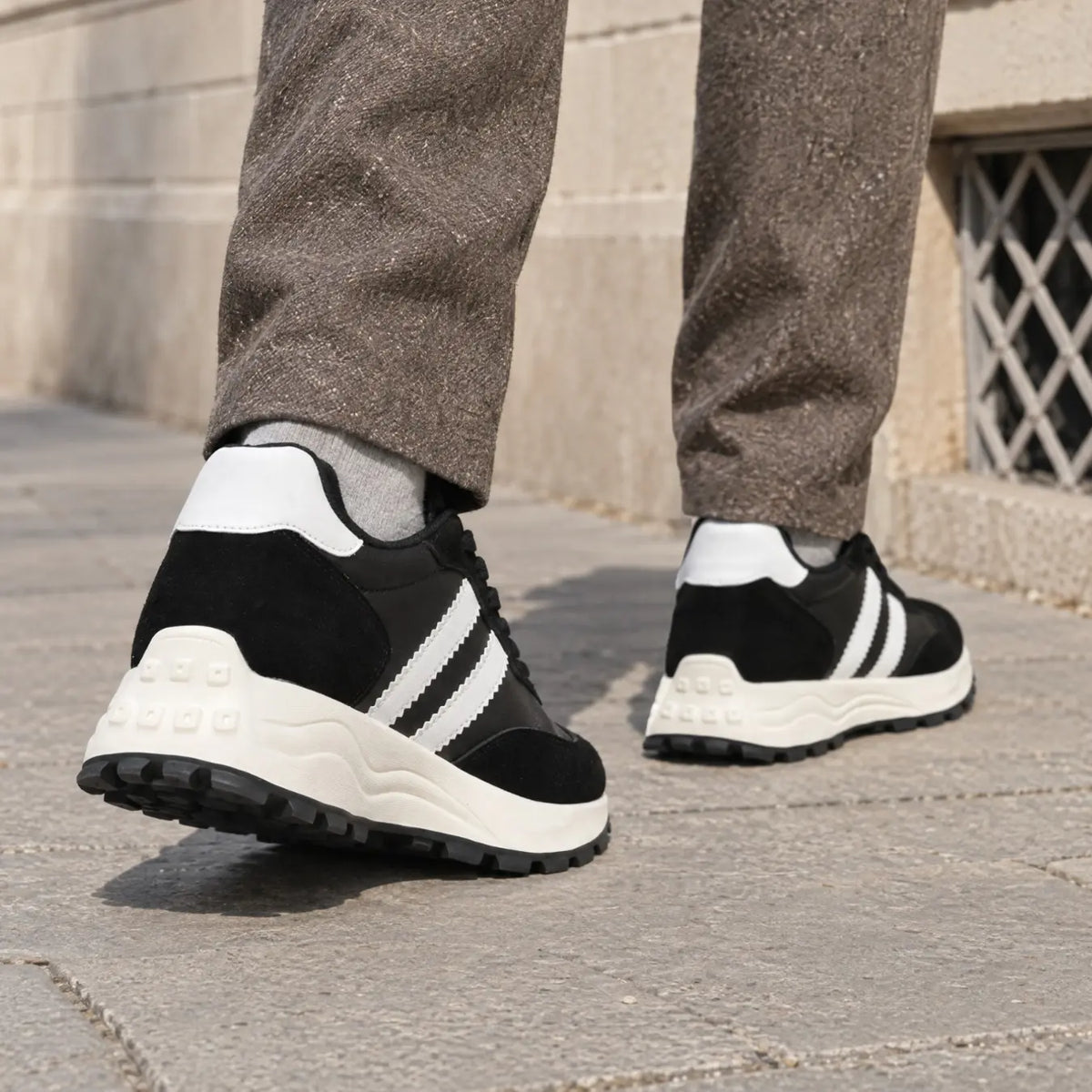 Anders Men’s 9cm Elevator Sneakers | Retro Chunky Striped Cowhide Leather Height Increasing Shoes | Lucimora - black