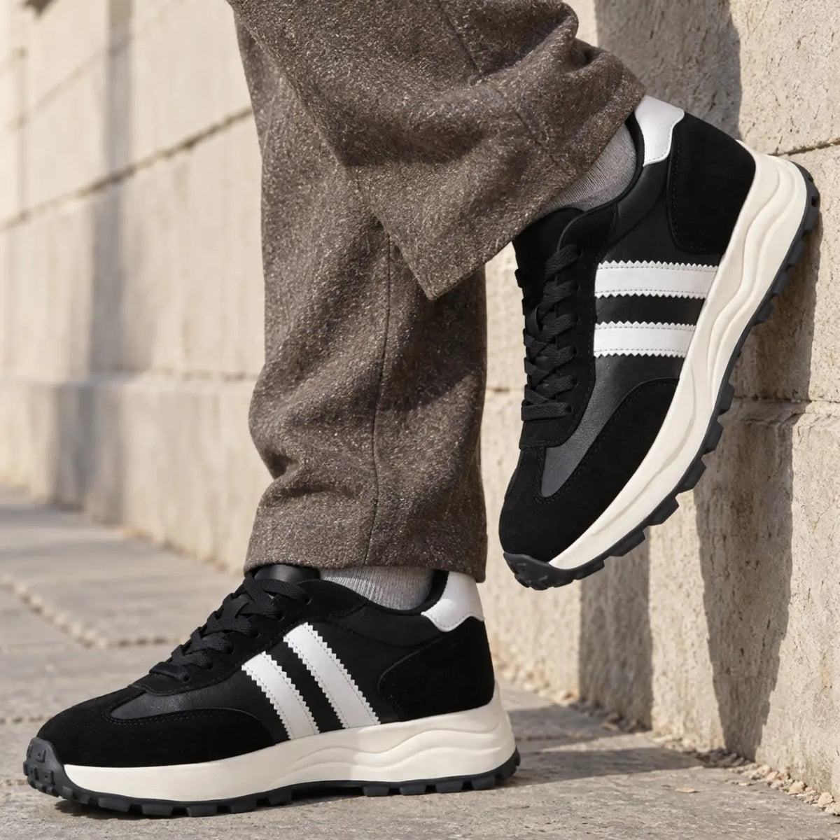 Anders Men’s 9cm Elevator Sneakers | Retro Chunky Striped Cowhide Leather Height Increasing Shoes | Lucimora - black