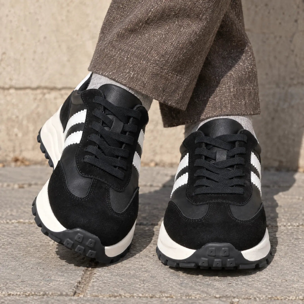 Anders Men’s 9cm Elevator Sneakers | Retro Chunky Striped Cowhide Leather Height Increasing Shoes | Lucimora - black