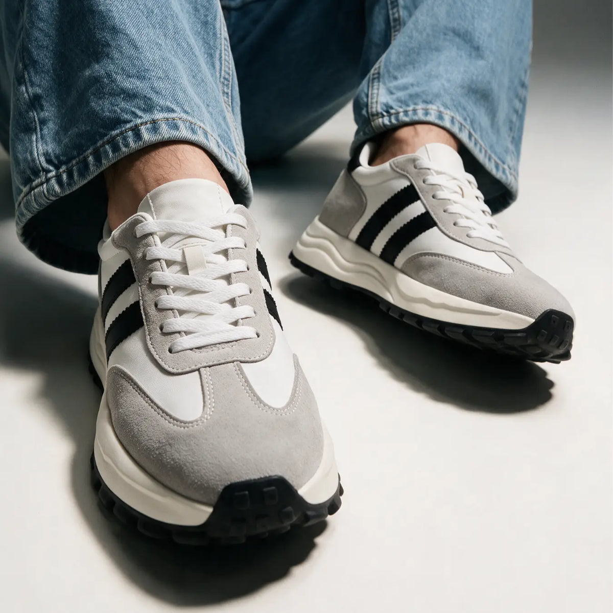 Anders Men’s 9cm Elevator Sneakers | Retro Chunky Striped Cowhide Leather Height Increasing Shoes | Lucimora - white