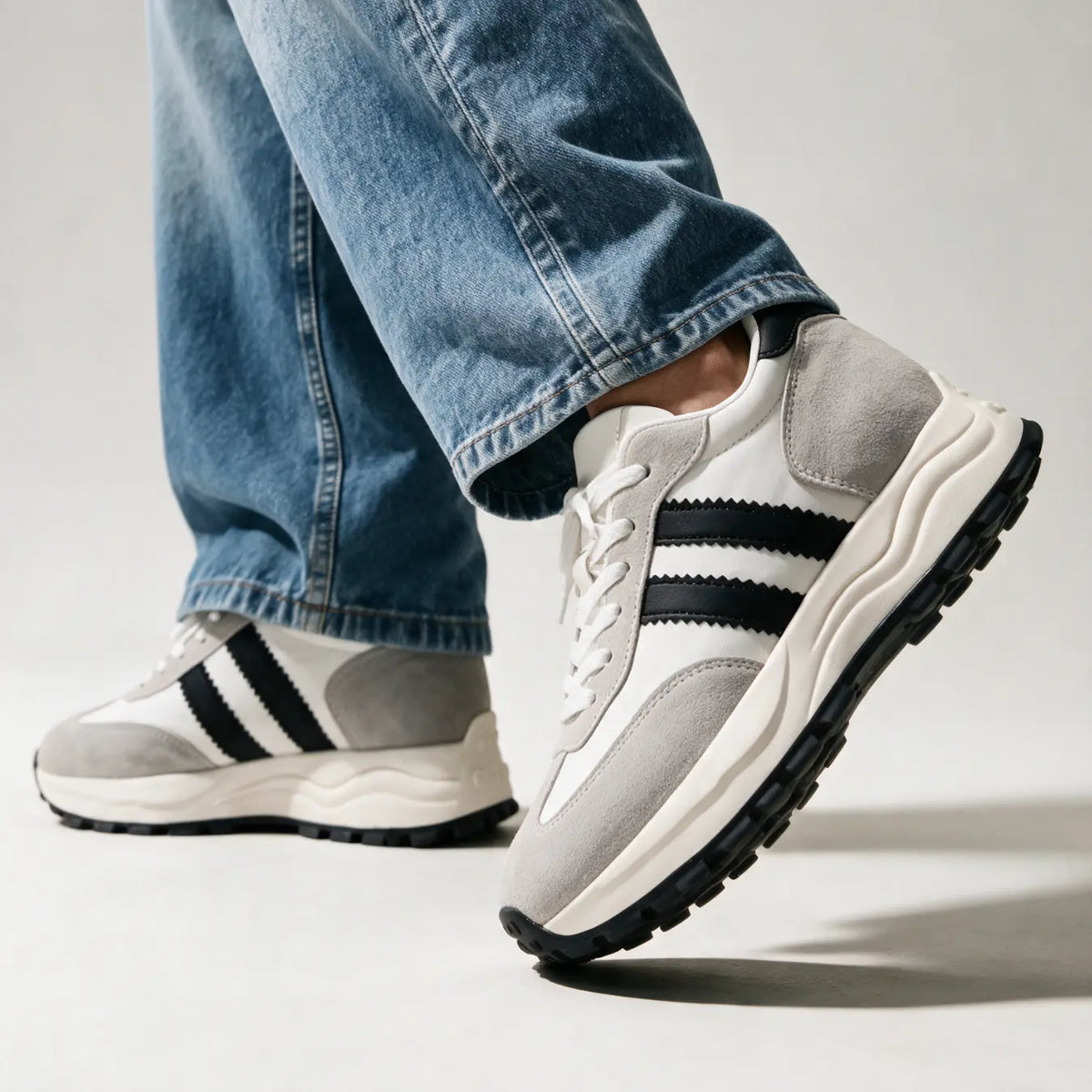 Anders Men’s 9cm Elevator Sneakers | Retro Chunky Striped Cowhide Leather Height Increasing Shoes | Lucimora - white