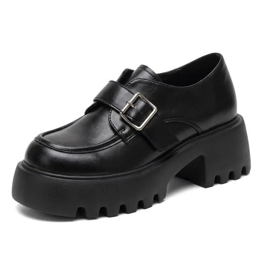 Avrielle Women’s 9cm Elevator Monk-Strap Loafers | Chunky Platform Cowhide Leather Height Increasing Shoes | Lucimora - black