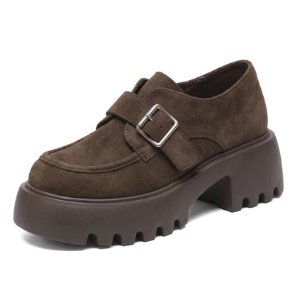 Avrielle Women’s 9cm Elevator Monk-Strap Loafers | Chunky Platform Cowhide Leather Height Increasing Shoes | Lucimora - brown