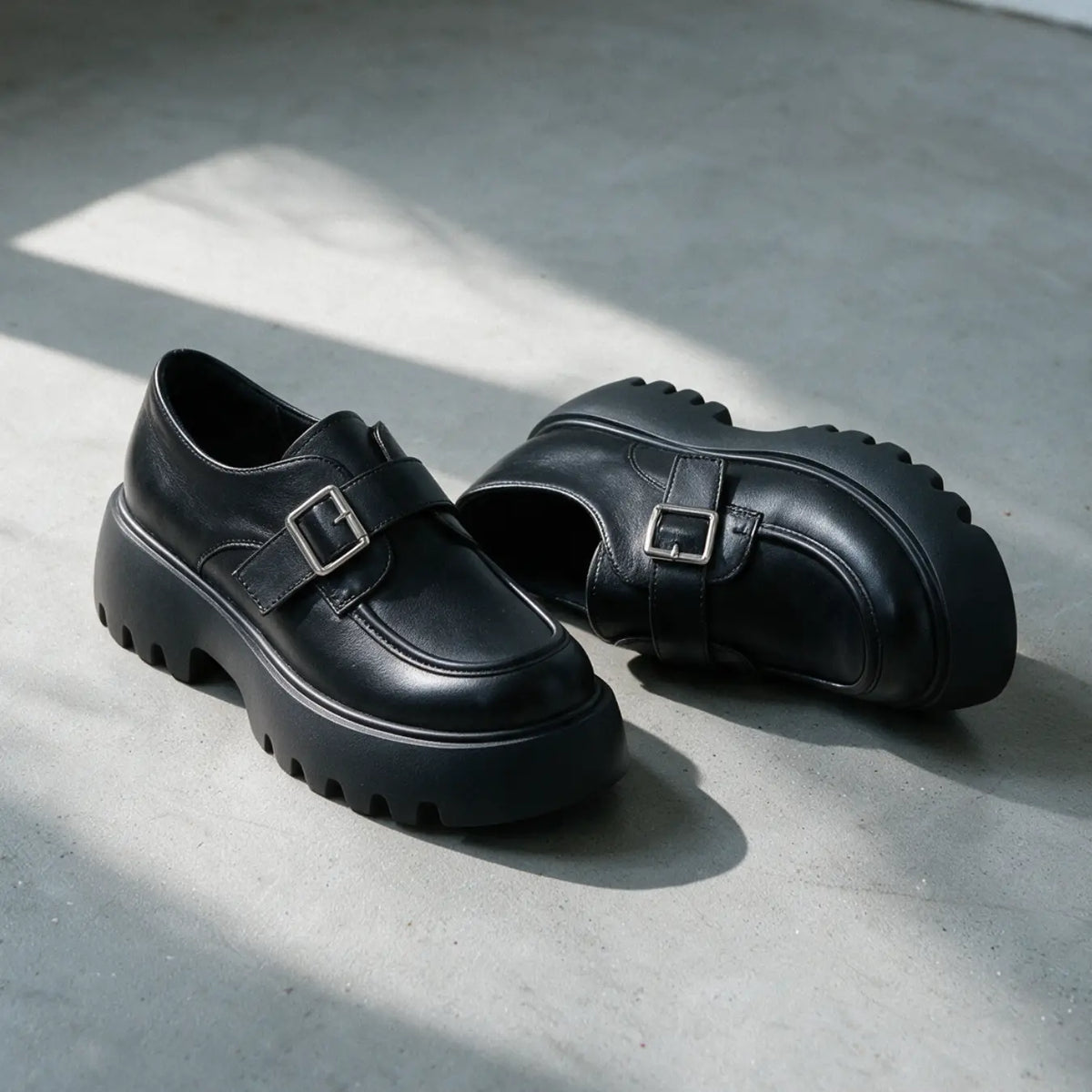 Avrielle Women’s 9cm Elevator Monk-Strap Loafers | Chunky Platform Cowhide Leather Height Increasing Shoes | Lucimora - black