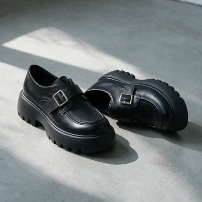Avrielle Women’s 9cm Elevator Monk-Strap Loafers | Chunky Platform Cowhide Leather Height Increasing Shoes | Lucimora - black