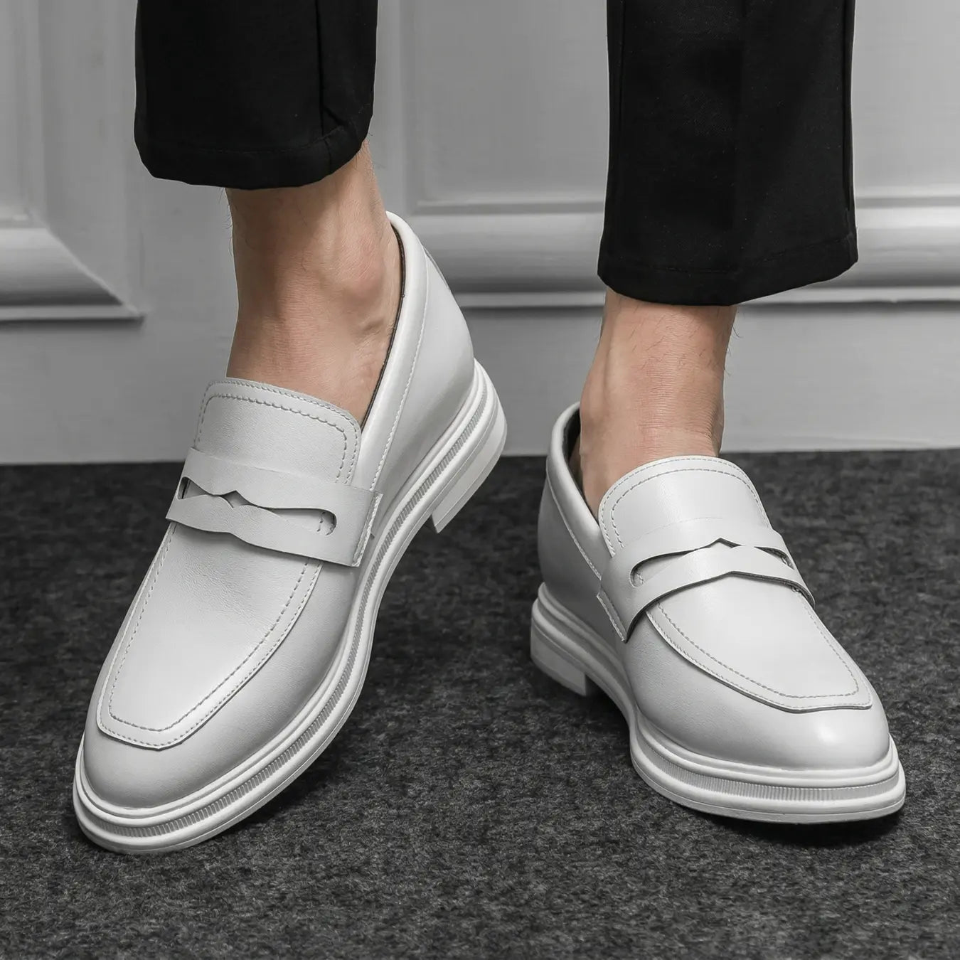 Blanc 8cm height increasing dress all-white loafers for men - Lucimora