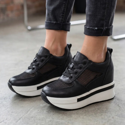 Breza 11cm height increasing breathable leather sneakers for women - Lucimora