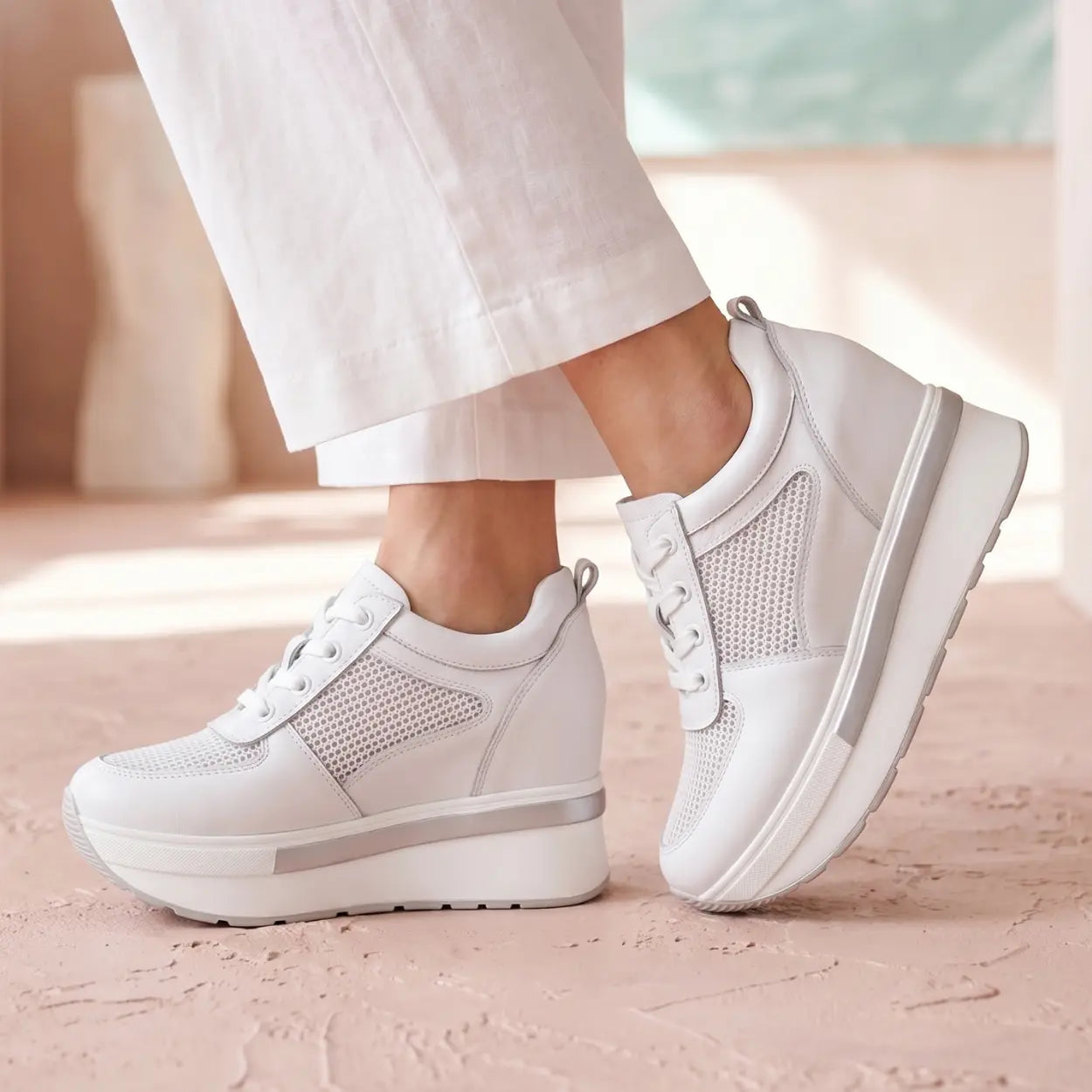 Breza 11cm height increasing breathable leather sneakers for women - Lucimora