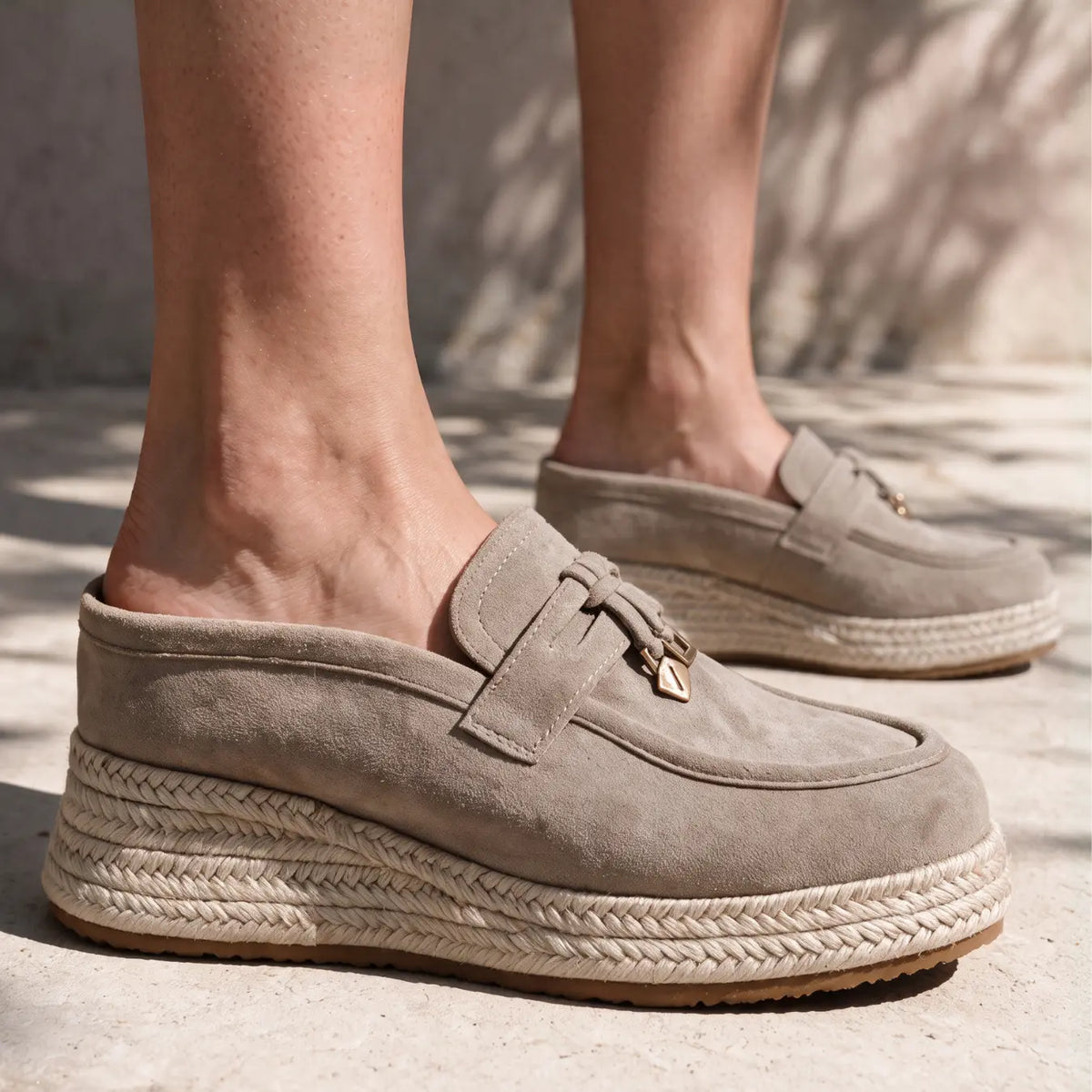 Brezzia Women's 9cm Elevator Loafer Mules | Espadrille Platform Slip-On Height Increasing Shoes | Lucimora - khaki