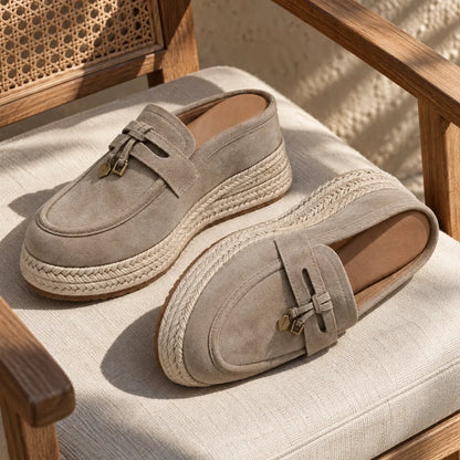 Brezzia Women's 9cm Elevator Loafer Mules | Espadrille Platform Slip-On Height Increasing Shoes | Lucimora - khaki