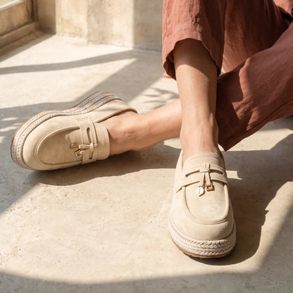 Brezzia Women's 9cm Elevator Loafer Mules | Espadrille Platform Slip-On Height Increasing Shoes | Lucimora - beige
