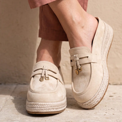 Brezzia Women's 9cm Elevator Loafer Mules | Espadrille Platform Slip-On Height Increasing Shoes | Lucimora - beige