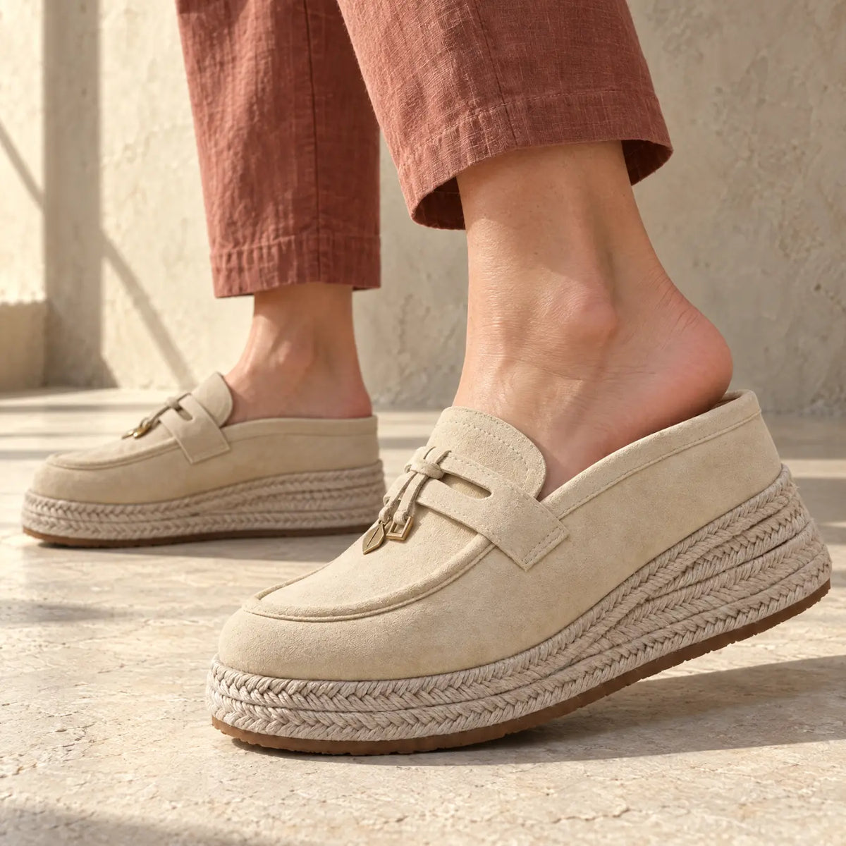 Brezzia Women's 9cm Elevator Loafer Mules | Espadrille Platform Slip-On Height Increasing Shoes | Lucimora - beige