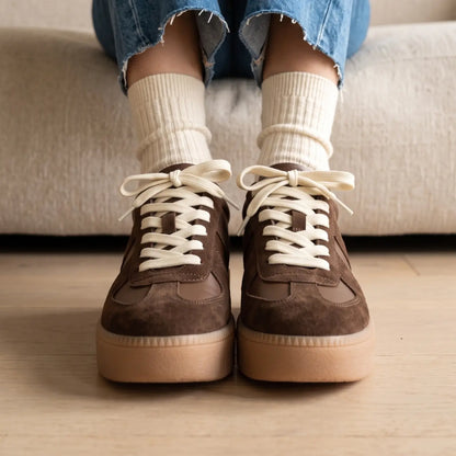 Corvane Women’s 9cm Elevator Platform Sneakers | Cowhide Leather Height Increasing Shoes | Lucimora - brown