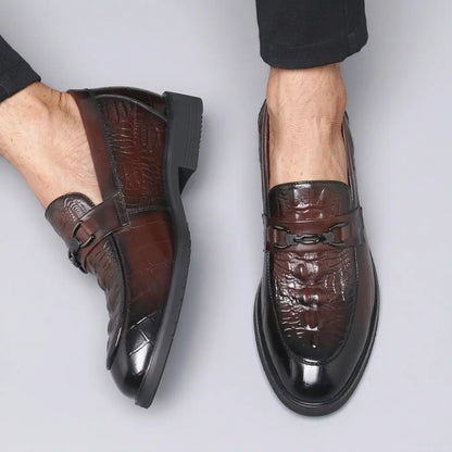 Crovano 7cm height increasing cowhide leather dress loafers for men with crocodile like texture - Lucimora
