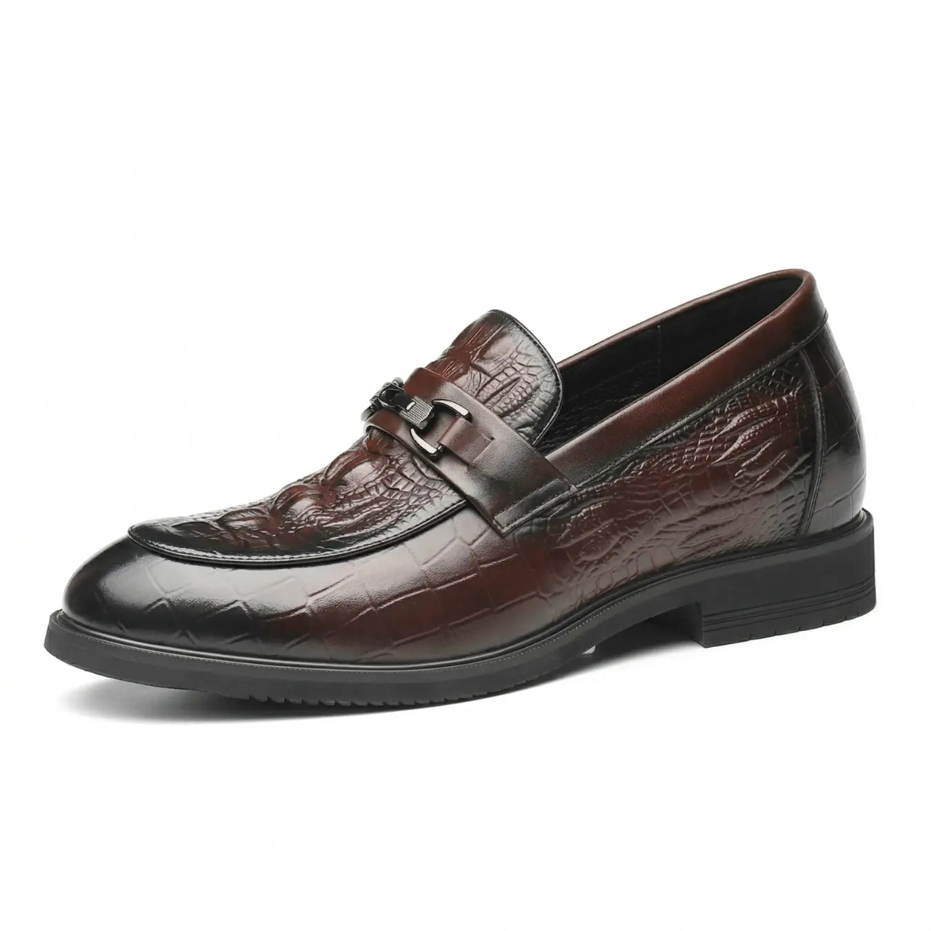 Crovano 7cm height increasing cowhide leather dress loafers for men with crocodile like texture - Lucimora