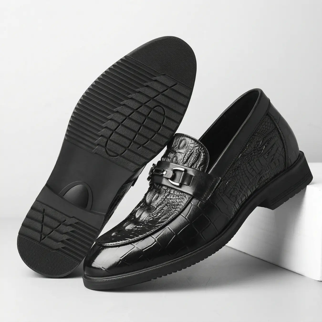 Crovano 7cm height increasing cowhide leather dress loafers for men with crocodile like texture - Lucimora