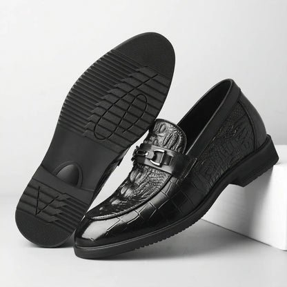 Crovano 7cm height increasing cowhide leather dress loafers for men with crocodile like texture - Lucimora