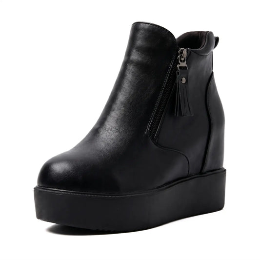 Cyrenna Women's 10cm Elevator Platform Boots | Leather Platform Height Increasing Shoes | Lucimora - black