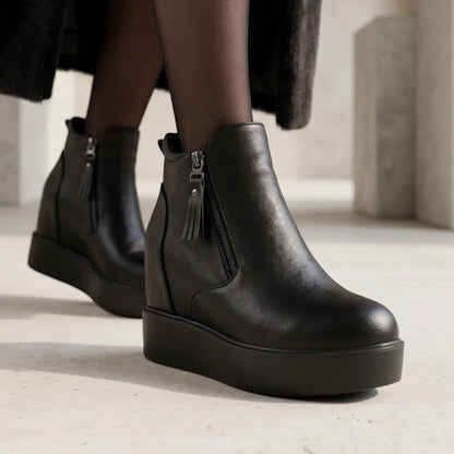 Cyrenna Women's 10cm Elevator Platform Boots | Leather Platform Height Increasing Shoes | Lucimora - black