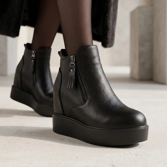 Cyrenna Women's 10cm Elevator Platform Boots | Leather Platform Height Increasing Shoes | Lucimora - black