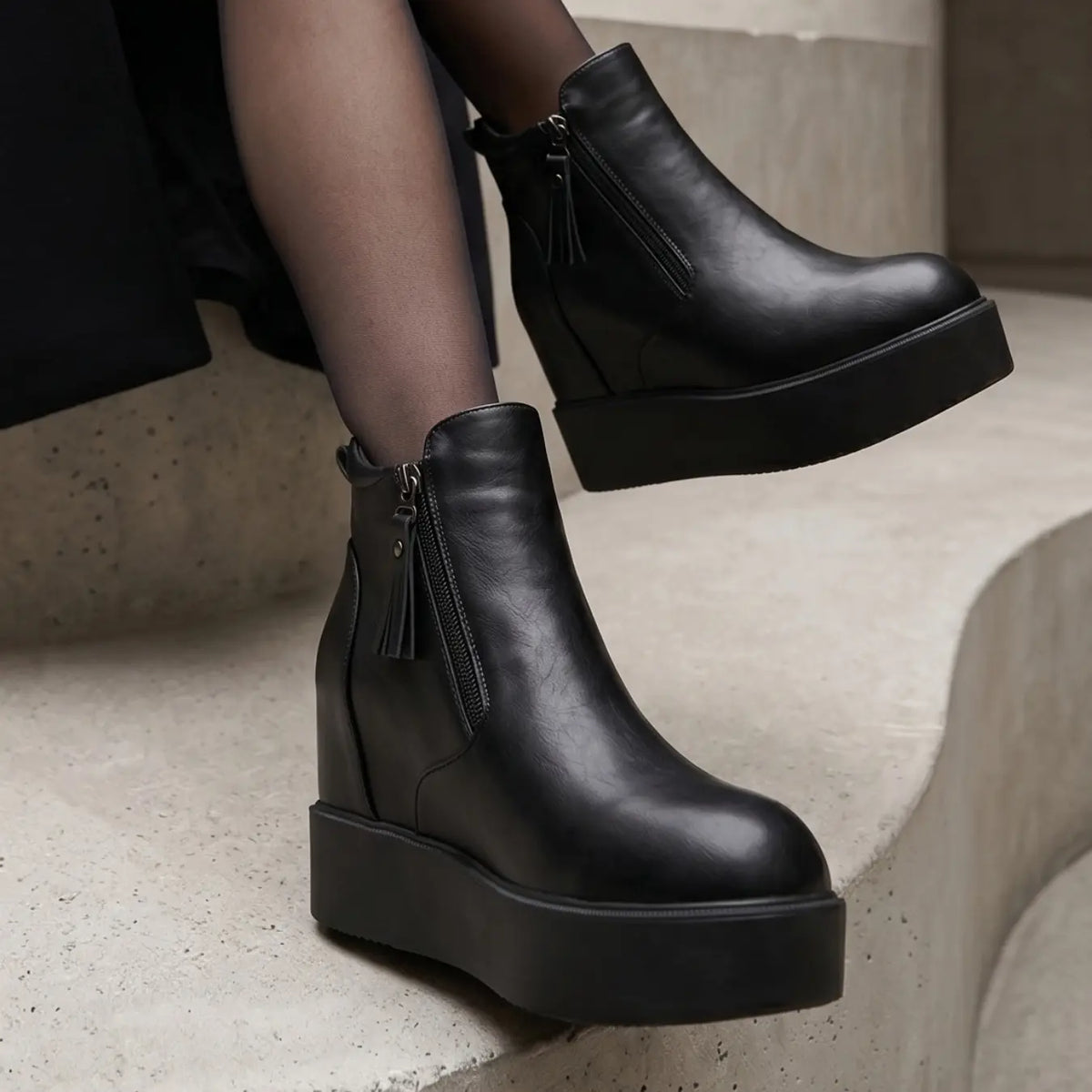 Cyrenna Women's 10cm Elevator Platform Boots | Leather Platform Height Increasing Shoes | Lucimora - black