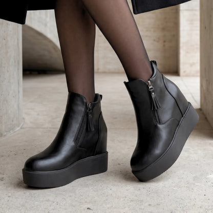 Cyrenna Women's 10cm Elevator Platform Boots | Leather Platform Height Increasing Shoes | Lucimora - black