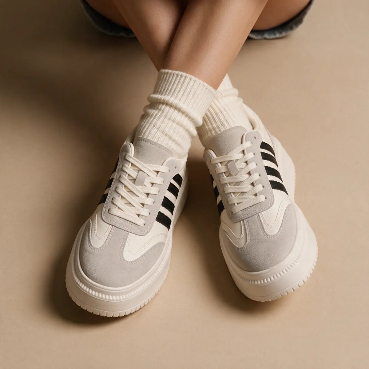 Delphine Women’s 9cm Elevator Platform Sneakers | Cowhide Leather Height Increasing Shoes | Lucimora - beige