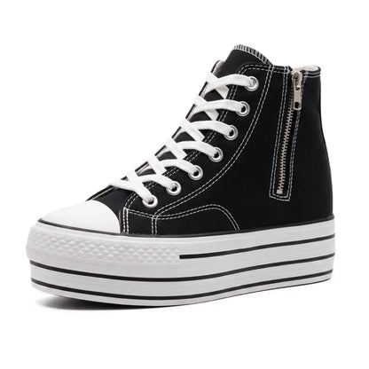 Women's High-Top black Canvas Elevator Sneakers | Duxi 10cm Hidden Heel Platform Shoes | Lucimora