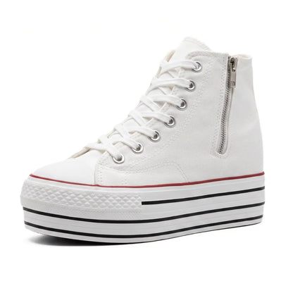 Women's High-Top white Canvas Elevator Sneakers | Duxi 10cm Hidden Heel Platform Shoes | Lucimora