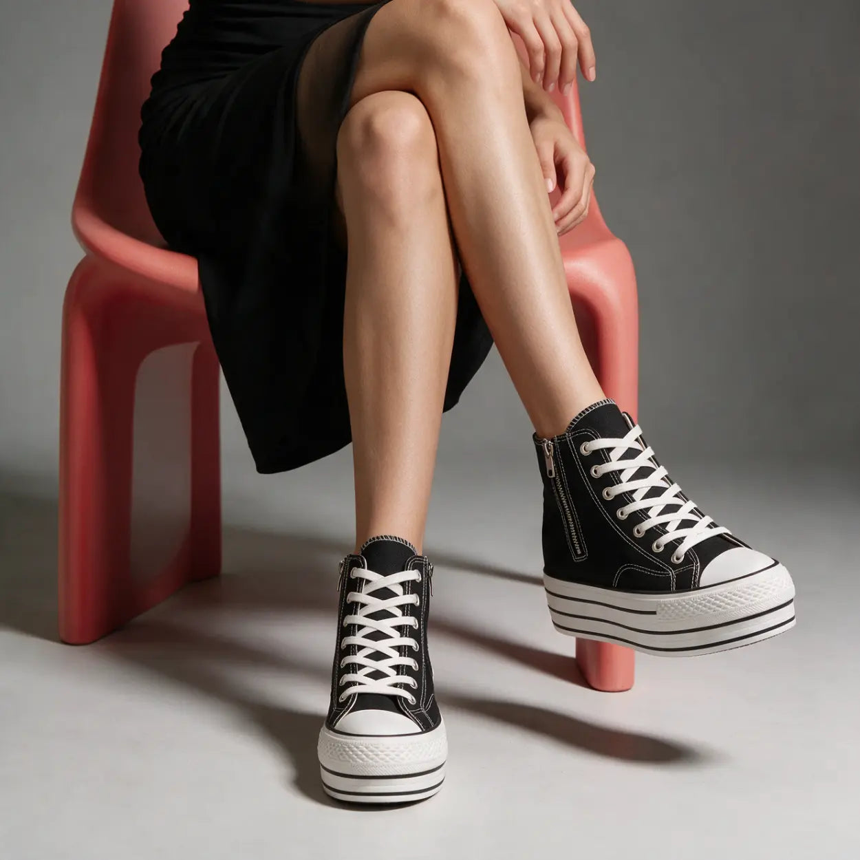 Women's High-Top black Canvas Elevator Sneakers | Duxi 10cm Hidden Heel Platform Shoes | Lucimora
