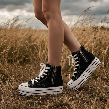 Women's High-Top black Canvas Elevator Sneakers | Duxi 10cm Hidden Heel Platform Shoes | Lucimora