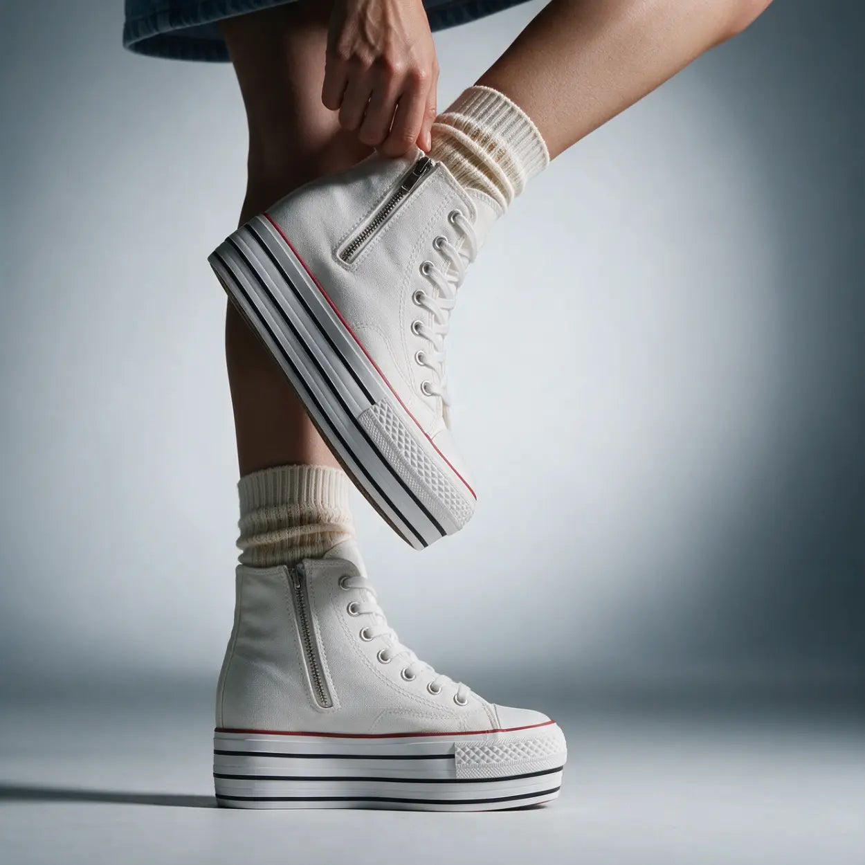 Women's High-Top white Canvas Elevator Sneakers | Duxi 10cm Hidden Heel Platform Shoes | Lucimora
