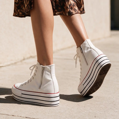 Women's High-Top white Canvas Elevator Sneakers | Duxi 10cm Hidden Heel Platform Shoes | Lucimora