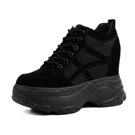 Elevara Women’s 11cm Elevator Platform Sneakers | Cowhide Leather Height Increasing Shoes | Lucimora - black