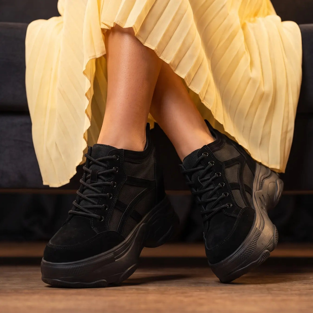 Elevara Women’s 11cm Elevator Platform Sneakers | Cowhide Leather Height Increasing Shoes | Lucimora - black
