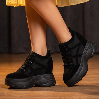Elevara Women’s 11cm Elevator Platform Sneakers | Cowhide Leather Height Increasing Shoes | Lucimora - black 
