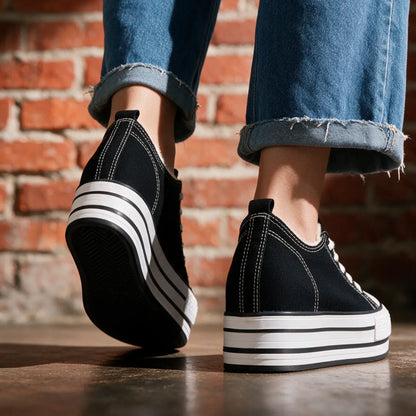 Marlowe Women’s 8cm Elevator Platform Sneakers | Height Increasing Canvas Shoes | Lucimora - black