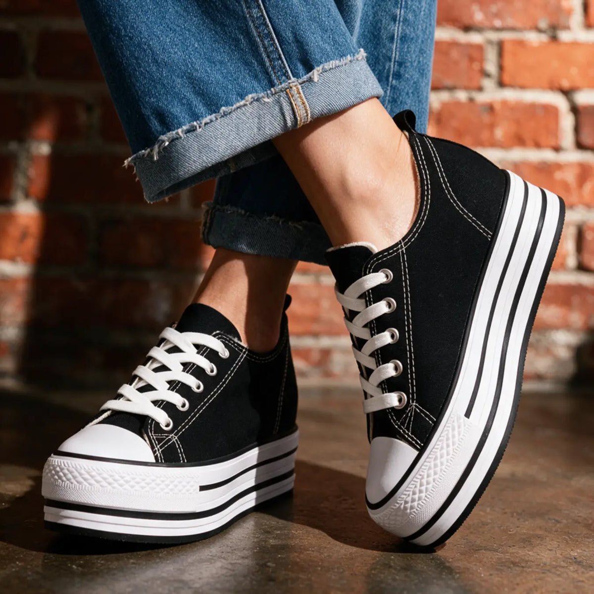 Marlowe Women’s 8cm Elevator Platform Sneakers | Height Increasing Canvas Shoes | Lucimora - black