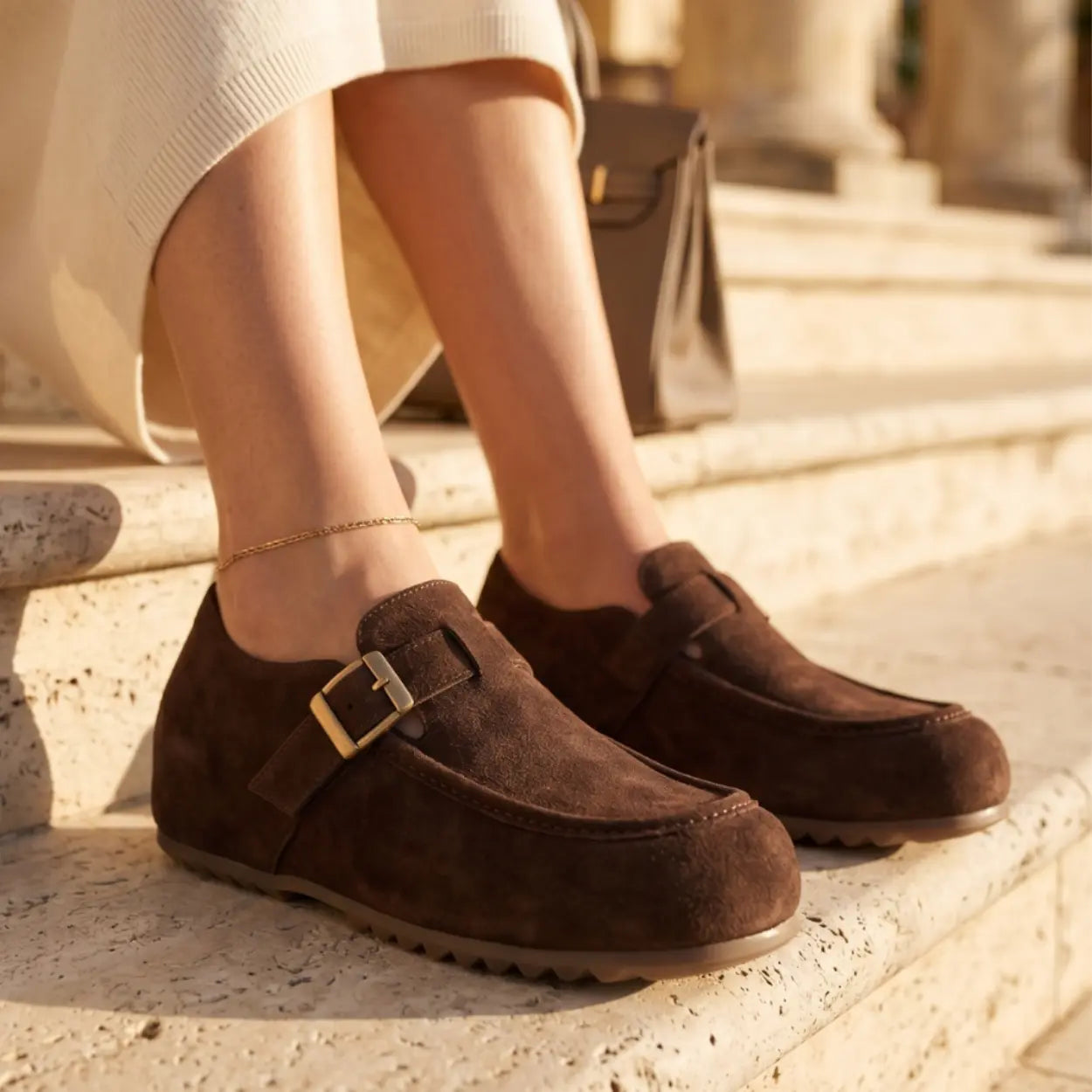 Merro 7cm height increasing suede monk-strap loafers for women - Lucimora